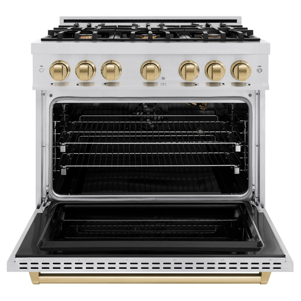 ZLINE Autograph 36" 5.2 cu. ft. Classic Gas Range with 6 Burners in Stainless Steel and Champagne Bronze Accents, CGRZ-36-CB