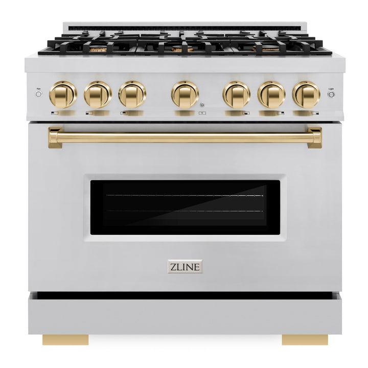 ZLINE Autograph 36" 5.2 cu. ft. Classic Gas Range with 6 Burners in Stainless Steel and Polished Gold Accents, CGRZ-36-G