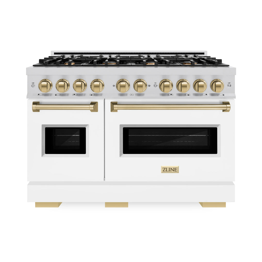 ZLINE Autograph 48" 6.7 cu. ft. Classic Double Oven Dual Fuel Range with 8 Burners in Stainless Steel with White Matte Doors and Champagne Bronze Accents, CDRZ-WM-48-CB