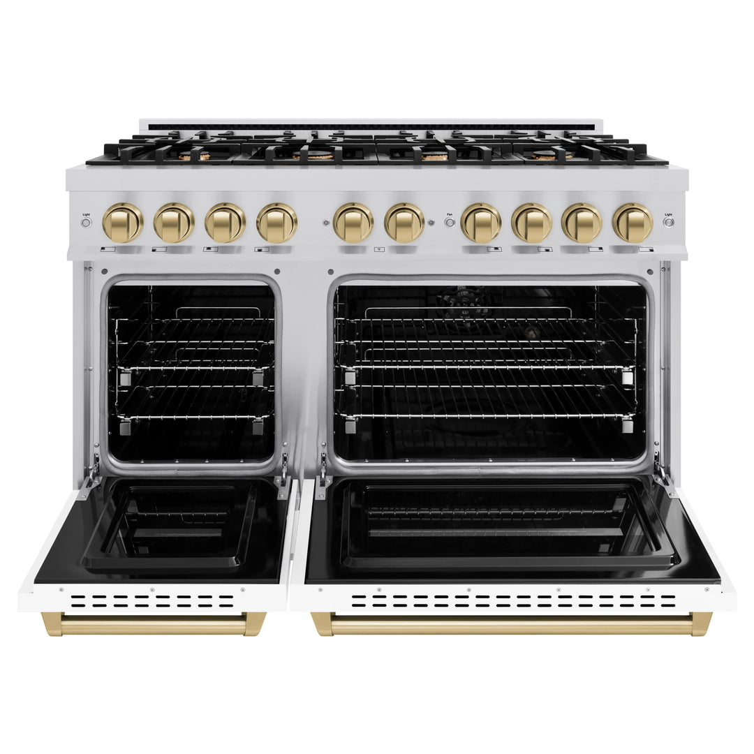 ZLINE Autograph 48" 6.7 cu. ft. Classic Double Oven Dual Fuel Range with 8 Burners in Stainless Steel with White Matte Doors and Champagne Bronze Accents, CDRZ-WM-48-CB