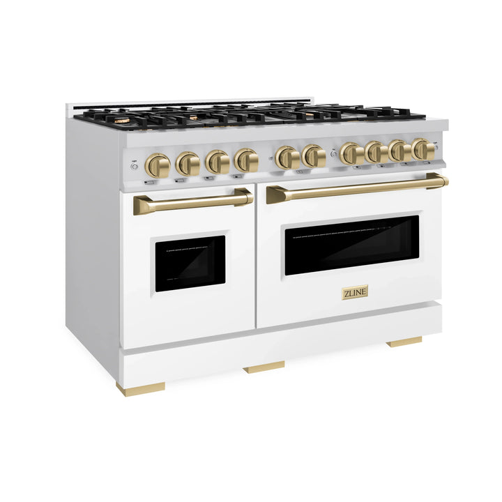 ZLINE Autograph 48" 6.7 cu. ft. Classic Double Oven Dual Fuel Range with 8 Burners in Stainless Steel with White Matte Doors and Champagne Bronze Accents, CDRZ-WM-48-CB