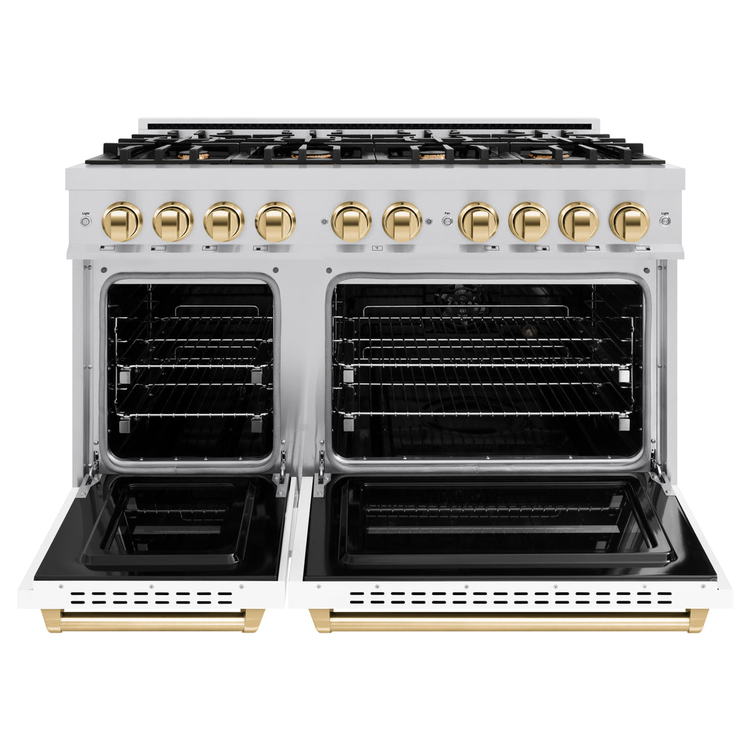 ZLINE Autograph 48" 6.7 cu. ft. Classic Double Oven Dual Fuel Range with 8 Burners in Stainless Steel with White Matte Door and Polished Gold Accents, CDRZ-WM-48-G