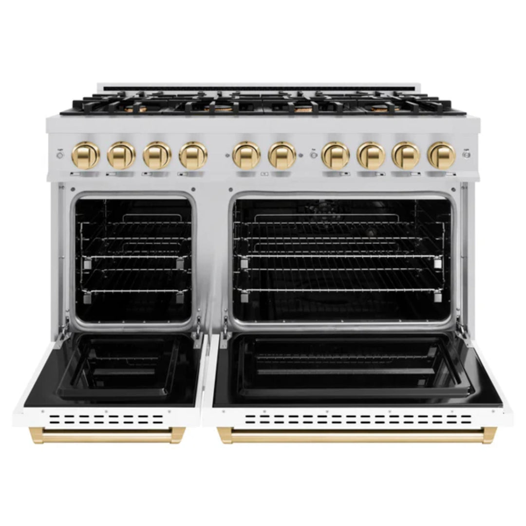 ZLINE Autograph Edition Classic Dual Fuel Ranges in White Matte with Polished Gold Accents