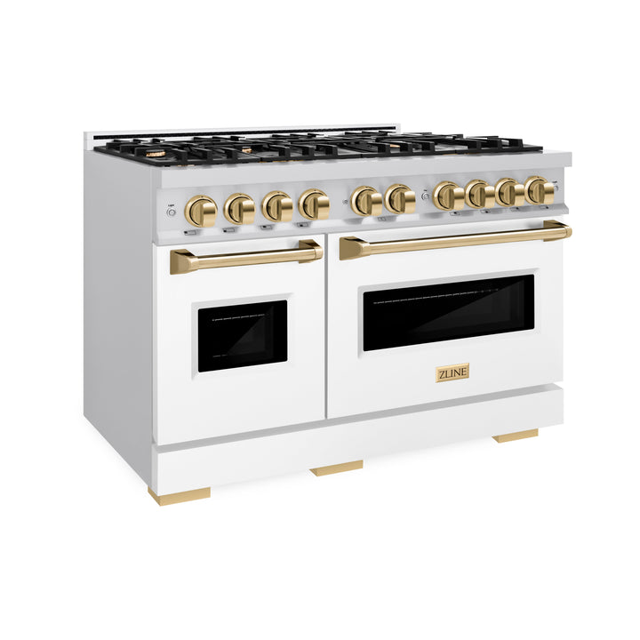 ZLINE Autograph 48" 6.7 cu. ft. Classic Double Oven Dual Fuel Range with 8 Burners in Stainless Steel with White Matte Door and Polished Gold Accents, CDRZ-WM-48-G