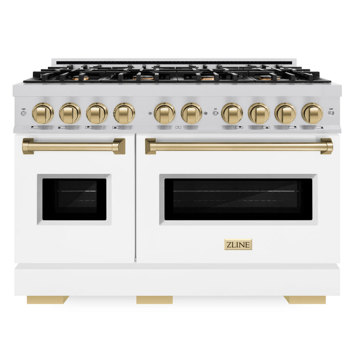 ZLINE Autograph 48" 6.7 cu. ft. Classic Double Oven Gas Range with 8 Burners in Stainless Steel with White Matte Doors and Champagne Bronze Accents, CGRZ-WM-48-CB