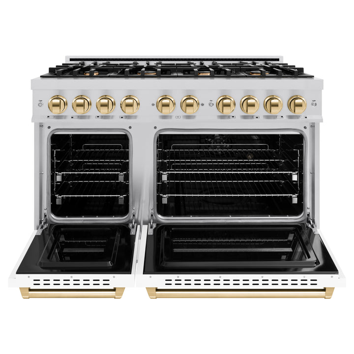 ZLINE Autograph 48" 6.7 cu. ft. Classic Double Oven Gas Range with 8 Burners in Stainless Steel with White Matte Doors and Polished Gold Accents, CGRZ-WM-48-G