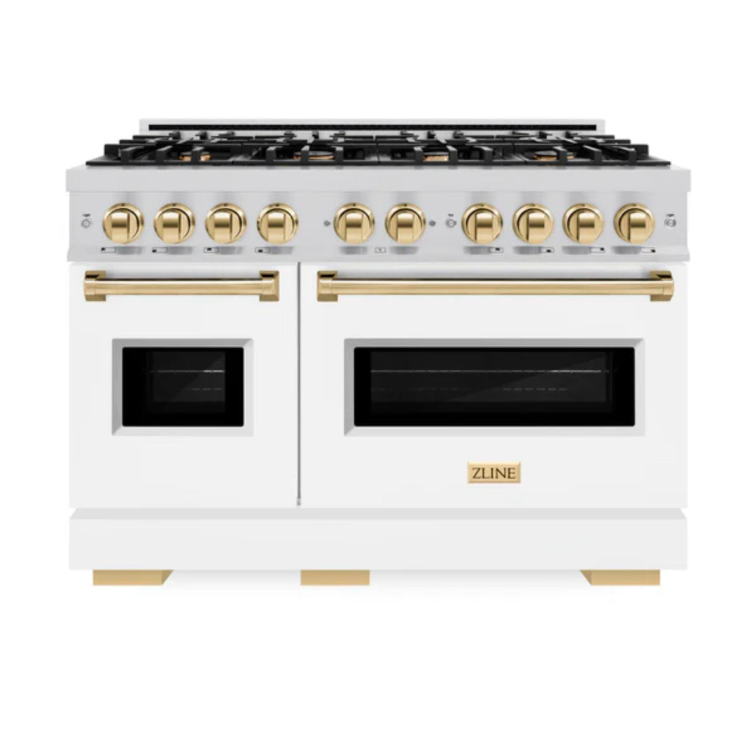 ZLINE Autograph Edition Classic Gas Range with Convection Gas Oven in Stainless Steel with White Matte Door and Polished Gold Accents