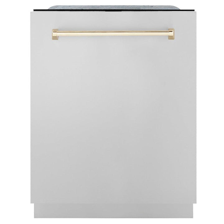 ZLINE Autograph Edition 48 in. Kitchen Package with Stainless Steel Dual Fuel Range, Range Hood, Dishwasher and Refrigerator with Polished Gold Accents (4KAPR-RARHDWM48-G)