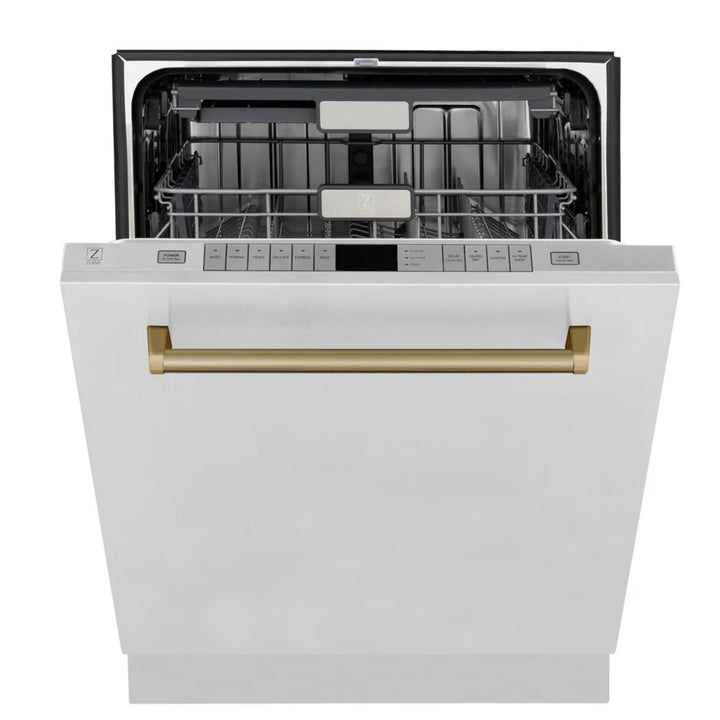 ZLINE Autograph Edition 30", 36", &amp; 48" Stainless Steel Dual Fuel Range, Convertible Vent Range Hood, and Dishwasher Kitchen Package with Champagne Bronze Accents