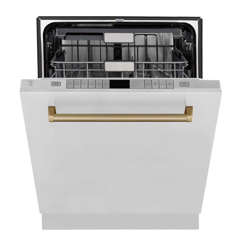 ZLINE Autograph Edition 36 in. Kitchen Package with Stainless Steel Dual Fuel Range, Range Hood, Dishwasher and Refrigerator Including External Water Dispenser with Champagne Bronze Accents (4AKPR-RARHDWM36-CB)
