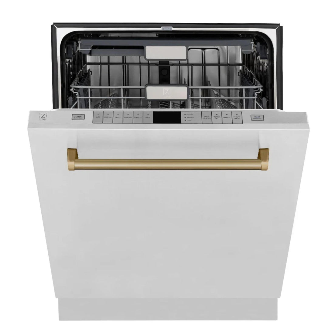 ZLINE Autograph Edition 30", 36", &amp; 48" Stainless Steel 4-Piece Kitchen Package with Champagne Bronze Accents—Dual Fuel Range, Range Hood, Dishwasher, Refrigerator.