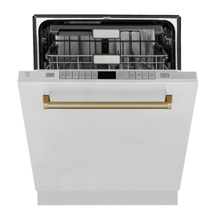 ZLINE Autograph Edition 30", 36", &amp; 48" Stainless Steel 4-Piece Kitchen Package with Champagne Bronze Accents—Dual Fuel Range, Range Hood, Dishwasher, Refrigerator.