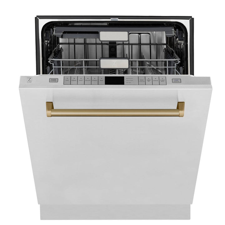 ZLINE Autograph Edition 48 in. Kitchen Package with Stainless Steel Dual Fuel Range, Range Hood, Dishwasher and Refrigerator with Champagne Bronze Accents (4KAPR-RARHDWM48-CB)