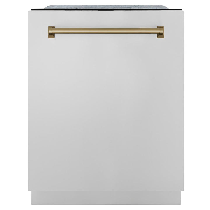 ZLINE Autograph Edition 48 in. Kitchen Package with Stainless Steel Dual Fuel Range, Range Hood, Dishwasher and Refrigerator with Champagne Bronze Accents (4KAPR-RARHDWM48-CB)