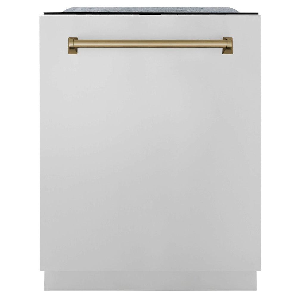 ZLINE Autograph Edition 30 in. Kitchen Package with Stainless Steel Dual Fuel Range, Range Hood, Dishwasher and Refrigerator with Champagne Bronze Accents (4KAPR-RARHDWM30-CB)