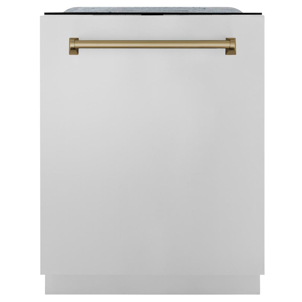 ZLINE Autograph Edition 36 in. Kitchen Package with Stainless Steel Dual Fuel Range, Range Hood, Dishwasher and Refrigerator Including External Water Dispenser with Champagne Bronze Accents (4AKPR-RARHDWM36-CB)
