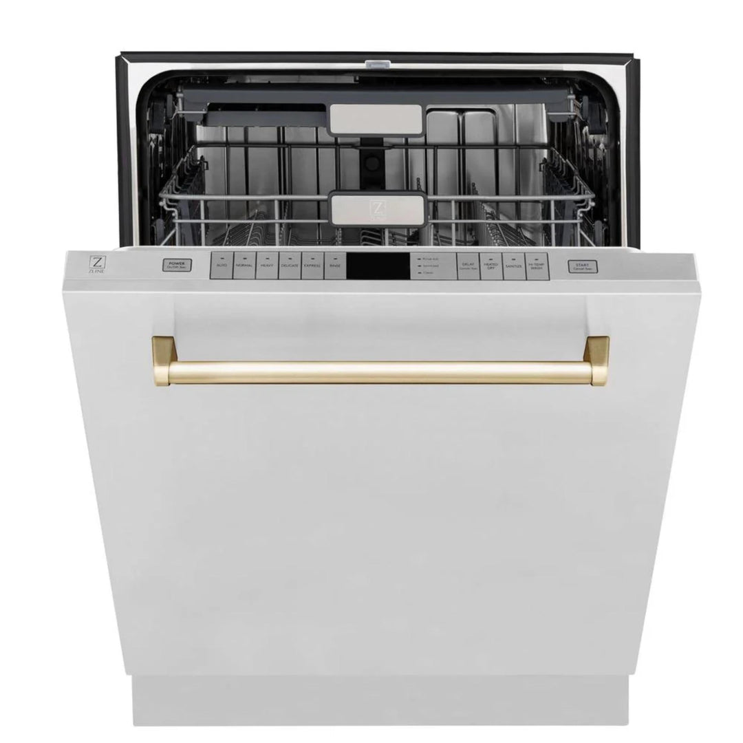 ZLINE Autograph Edition 30", 36", &amp; 48" Stainless Steel 4-Piece Kitchen Package with Polished Gold Accents—Dual Fuel Range, Wall Mount Range Hood, Dishwasher, and Refrigerator.