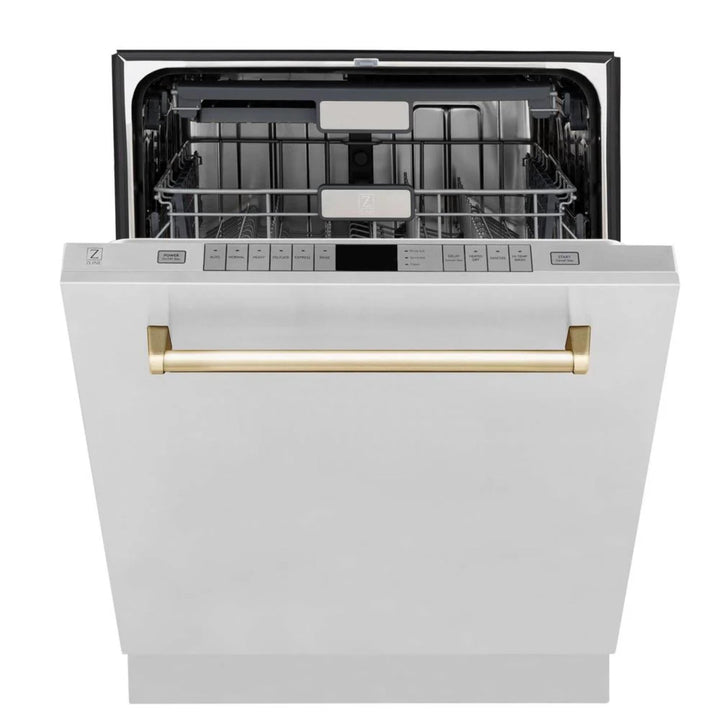 ZLINE Autograph Edition 30", 36", &amp; 48" Stainless Steel 4-Piece Kitchen Package with Polished Gold Accents—Dual Fuel Range, Wall Mount Range Hood, Dishwasher, and Refrigerator.