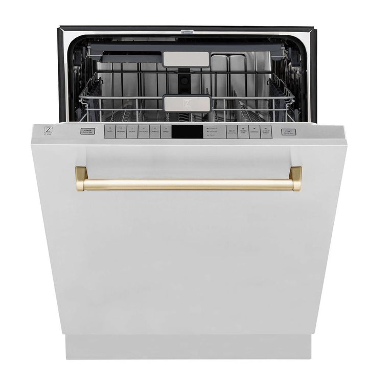 ZLINE Autograph Edition 30 in. Kitchen Package with Stainless Steel Dual Fuel Range, Range Hood, Dishwasher, and Refrigerator with External Water Dispenser with Polished Gold Accents (4AKPR-RARHDWM30-G)