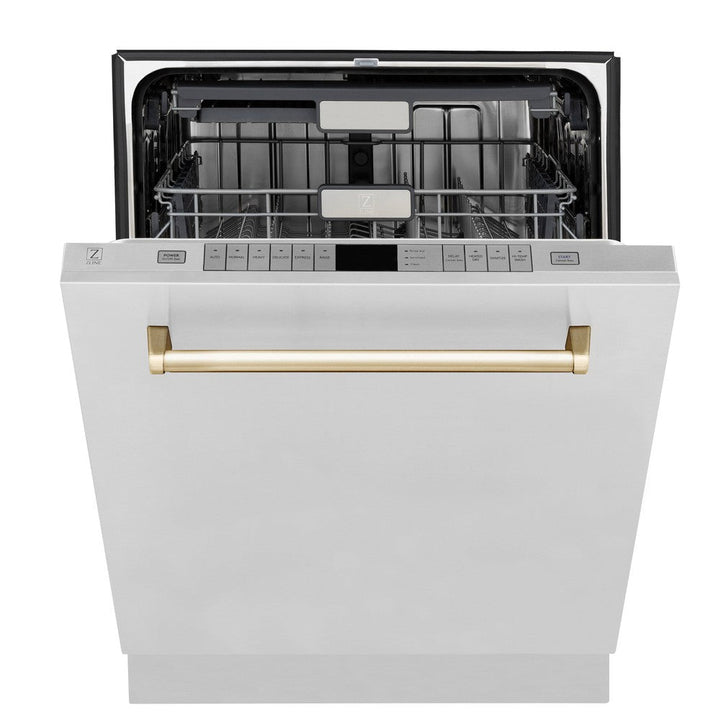 ZLINE Autograph Edition 36 in. Kitchen Package with Stainless Steel Dual Fuel Range, Range Hood, Dishwasher and Refrigerator Including External Water Dispenser with Polished Gold Accents (4AKPR-RARHDWM36-G)