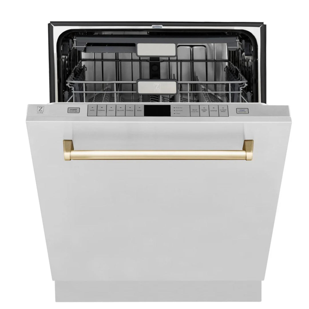 ZLINE Autograph Edition 30", 36", &amp; 48" Stainless Steel 4-Piece Kitchen Package with Polished Gold Accents—Dual Fuel Range, Wall Mount Range Hood, Dishwasher, and Refrigerator