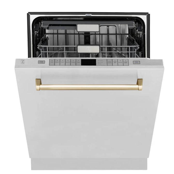 ZLINE Autograph Edition 30", 36", &amp; 48" Stainless Steel 4-Piece Kitchen Package with Polished Gold Accents—Dual Fuel Range, Wall Mount Range Hood, Dishwasher, and Refrigerator