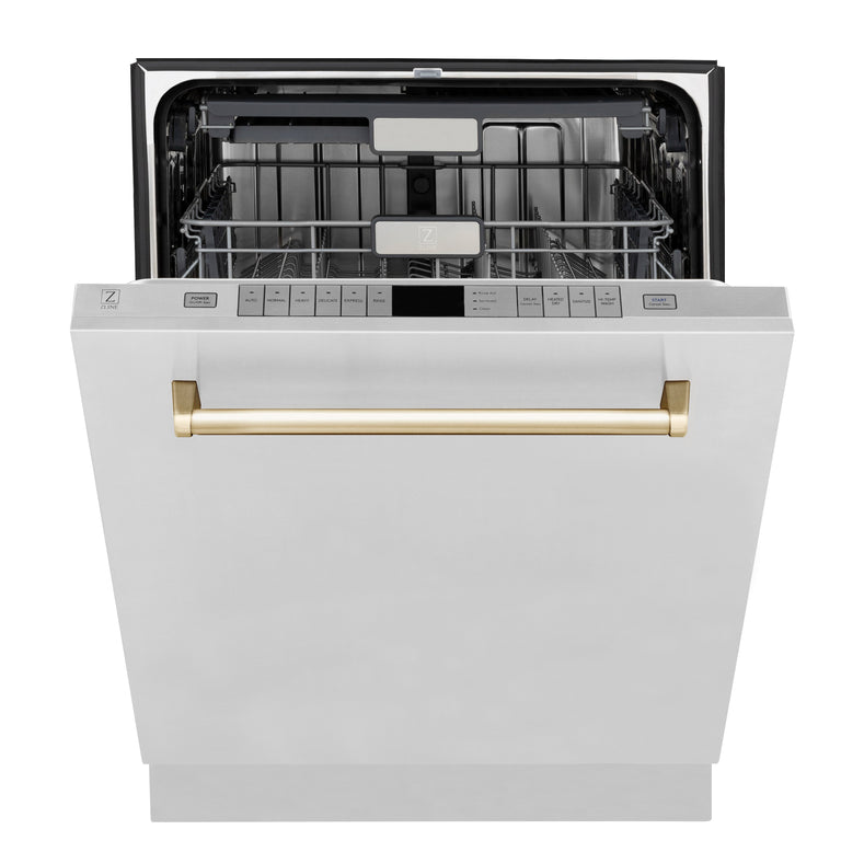 ZLINE Autograph Package - 48" Dual Fuel Range, Range Hood, Dishwasher, Refrigerator with Water & Ice Dispenser with Gold Accents