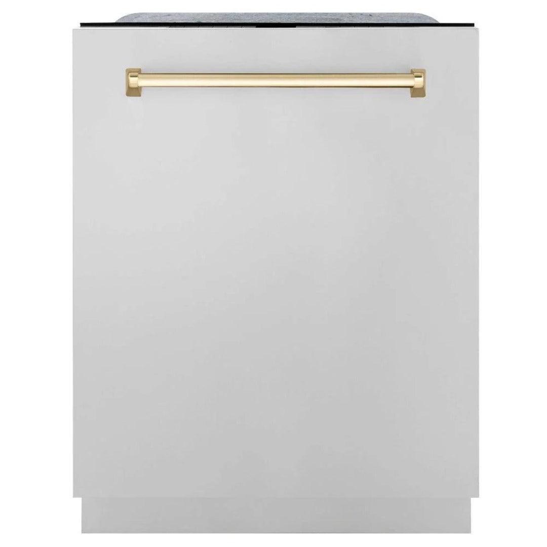 ZLINE Autograph Edition 30", 36", &amp; 48" Stainless Steel 4-Piece Kitchen Package with Polished Gold Accents—Dual Fuel Range, Wall Mount Range Hood, Dishwasher, and Refrigerator.
