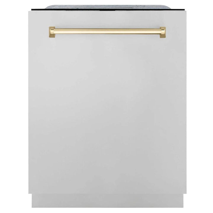 ZLINE Autograph Edition 30", 36", &amp; 48" Stainless Steel 4-Piece Kitchen Package with Polished Gold Accents—Dual Fuel Range, Wall Mount Range Hood, Dishwasher, and Refrigerator.