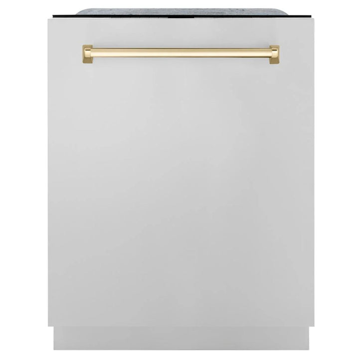 ZLINE Autograph Edition 30", 36", &amp; 48" Stainless Steel 4-Piece Kitchen Package with Polished Gold Accents—Dual Fuel Range, Wall Mount Range Hood, Dishwasher, and Refrigerator