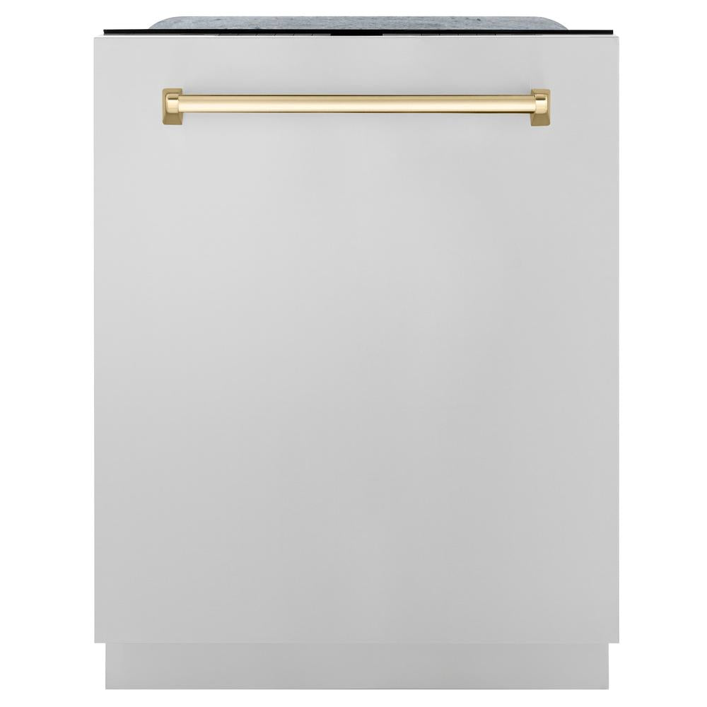 ZLINE Autograph Edition 36 in. Kitchen Package with Stainless Steel Dual Fuel Range, Range Hood, Dishwasher and Refrigerator with Polished Gold Accents (4KAPR-RARHDWM36-G)