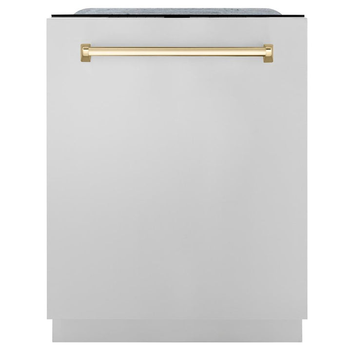 ZLINE Autograph Edition 48 in. Kitchen Package with Stainless Steel Dual Fuel Range, Range Hood, Dishwasher and Refrigerator Including External Water Dispenser with Polished Gold Accents (4AKPR-RARHDWM48-G)