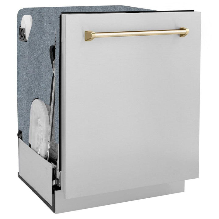 ZLINE Autograph Edition 36 in. Kitchen Package with Stainless Steel Dual Fuel Range, Range Hood and Dishwasher with Polished Gold Accents (3AKP-RARHDWM36-G)
