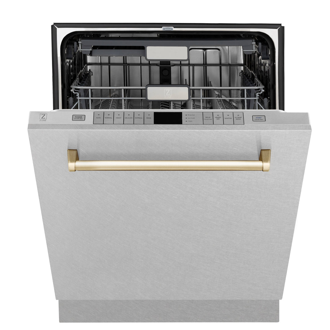 ZLINE Autograph Edition 24 in. Tall Dishwasher, Touch Control in DuraSnow® Stainless Steel with Gold Handle, DWMTZ-SN-24-G