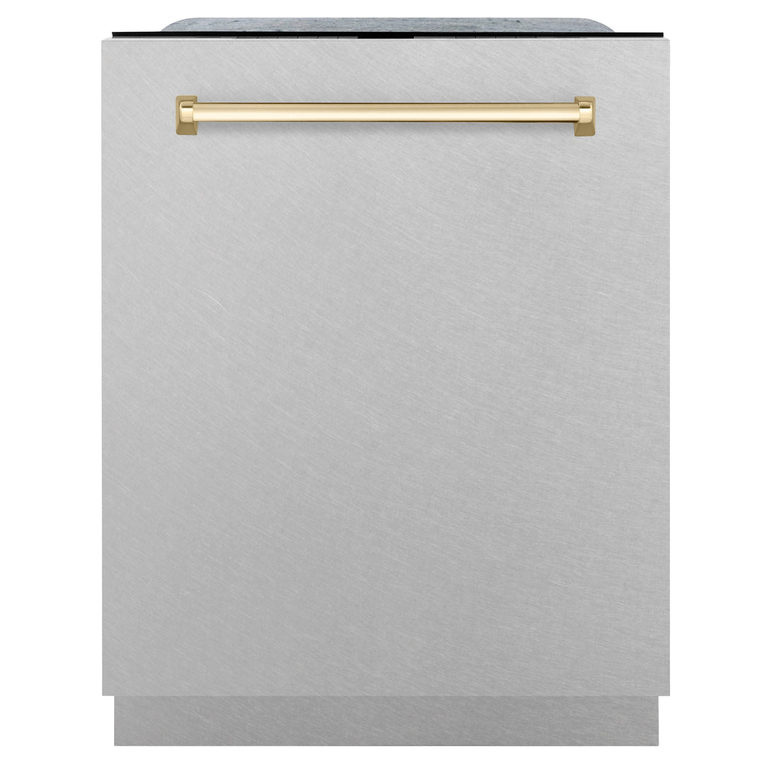 ZLINE Autograph Edition 24 in. Tall Dishwasher, Touch Control in DuraSnow® Stainless Steel with Gold Handle, DWMTZ-SN-24-G