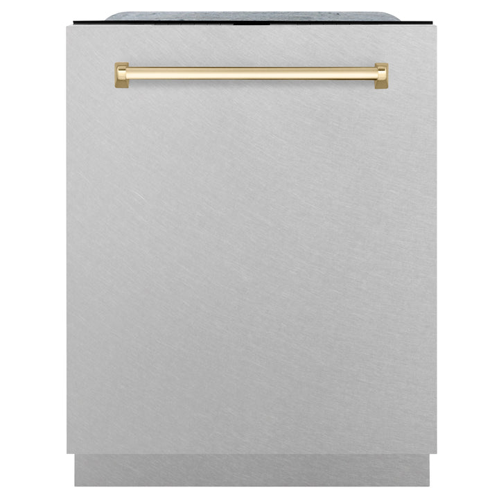 ZLINE Autograph Edition 24 in. Tall Dishwasher, Touch Control in DuraSnow® Stainless Steel with Gold Handle, DWMTZ-SN-24-G