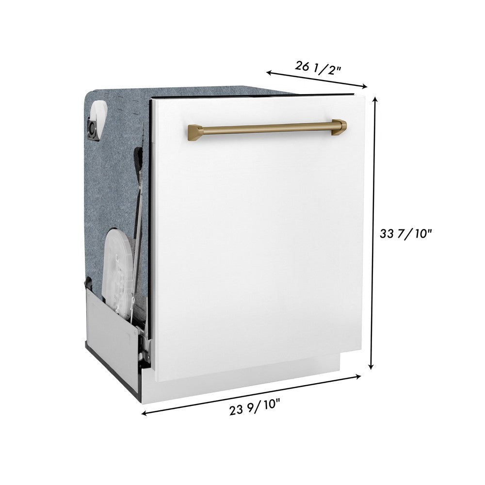 ZLINE Autograph Edition 36 in. Kitchen Package with Stainless Steel Dual Fuel Range with White Matte Door, Range Hood and Dishwasher with Champagne Bronze Accents (3AKP-RAWMRHDWM36-CB)