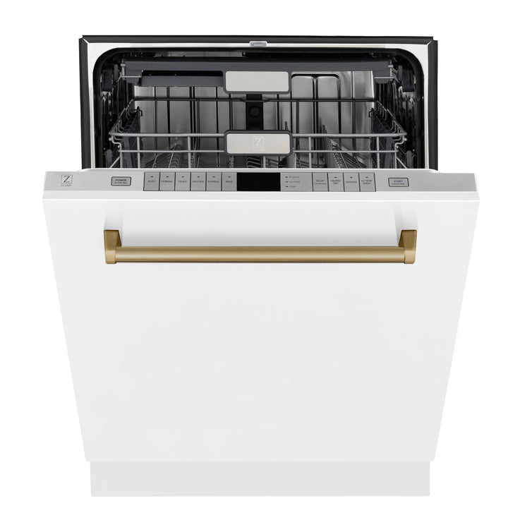 ZLINE Autograph Edition 24 inch Tall Dishwasher, Touch Control, in White Matte with Champagne Bronze Handle, DWMTZ-WM-24-CB