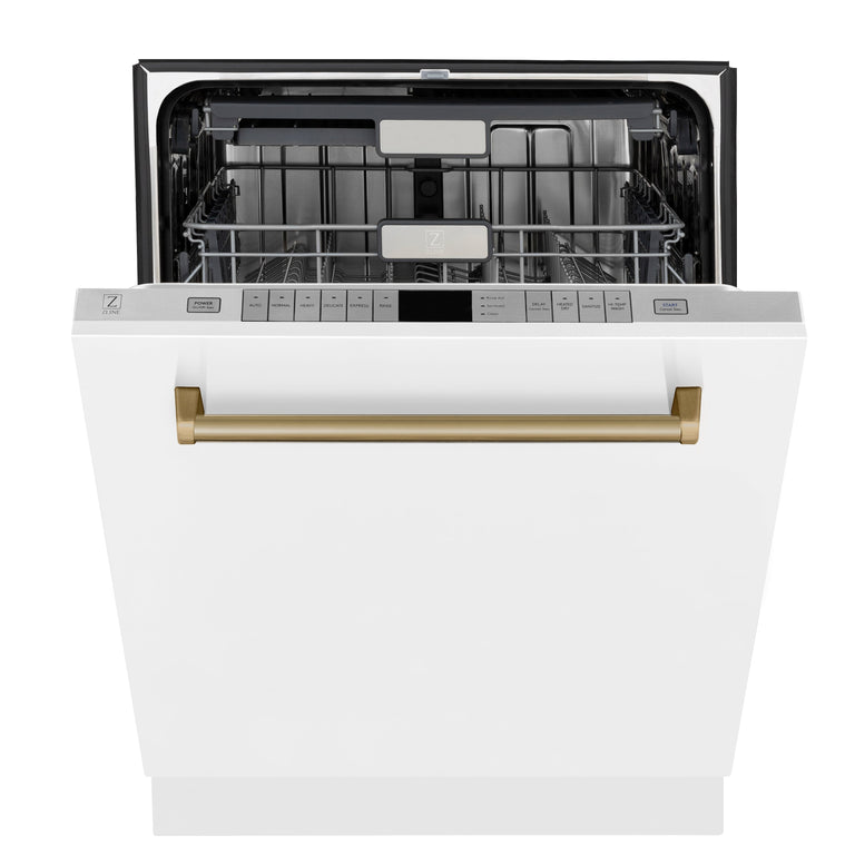 ZLINE Autograph Package - 48 In. Dual Fuel Range, Range Hood, Dishwasher in White Matte with Champagne Bronze Accents, 3AKP-RAWMRHDWM48-CB