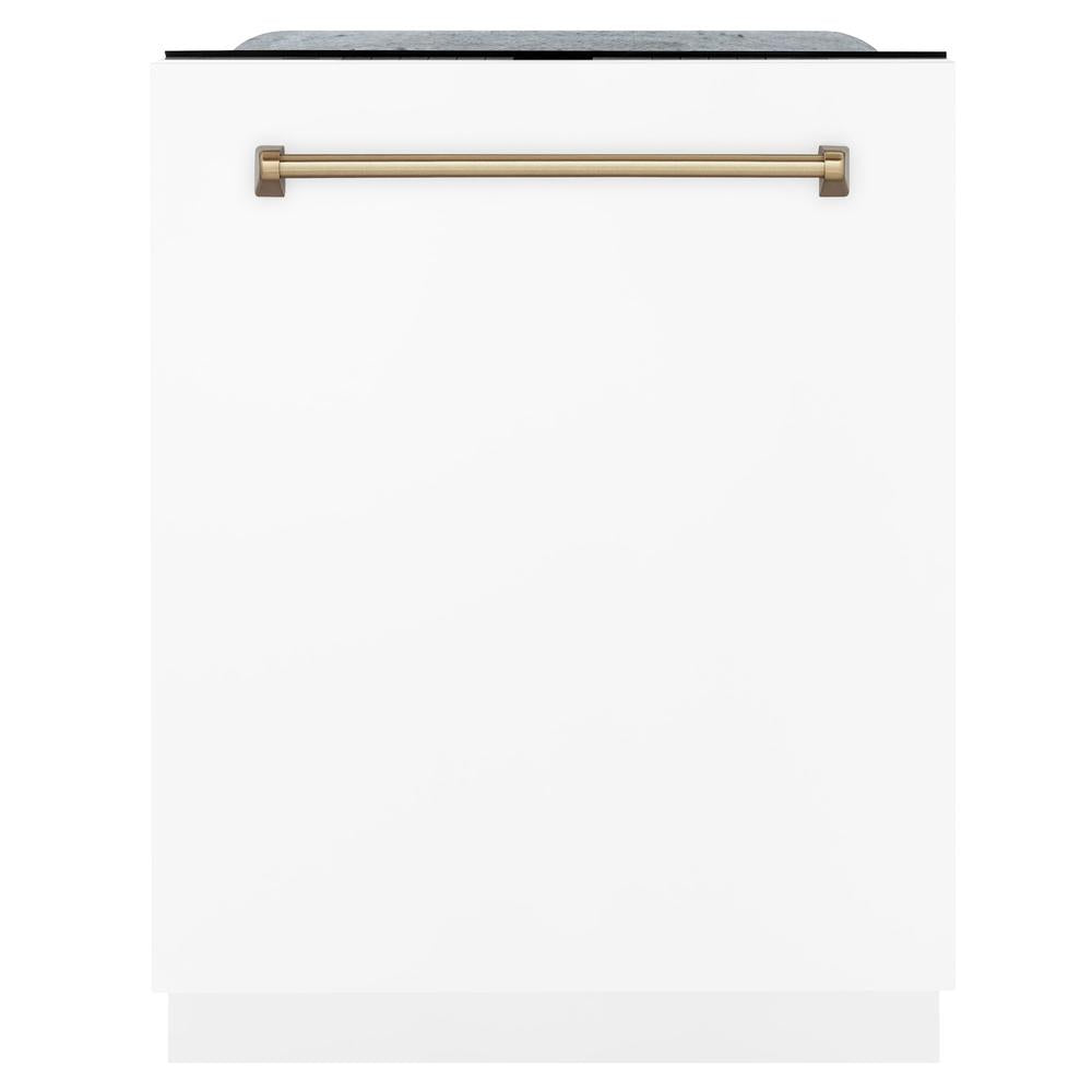 ZLINE Autograph Edition 36 in. Kitchen Package with Stainless Steel Dual Fuel Range with White Matte Door, Range Hood and Dishwasher with Champagne Bronze Accents (3AKP-RAWMRHDWM36-CB)