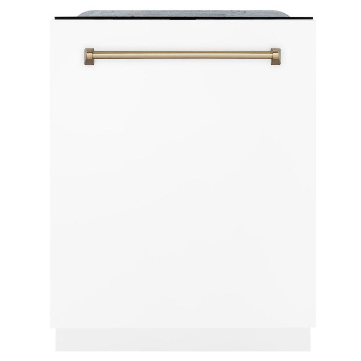 ZLINE Autograph Edition 36 in. Kitchen Package with Stainless Steel Dual Fuel Range with White Matte Door, Range Hood and Dishwasher with Champagne Bronze Accents (3AKP-RAWMRHDWM36-CB)