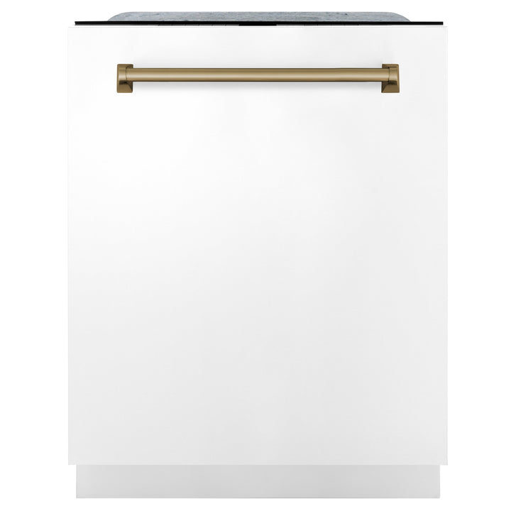 ZLINE Autograph Edition 24 inch Tall Dishwasher, Touch Control, in White Matte with Champagne Bronze Handle, DWMTZ-WM-24-CB