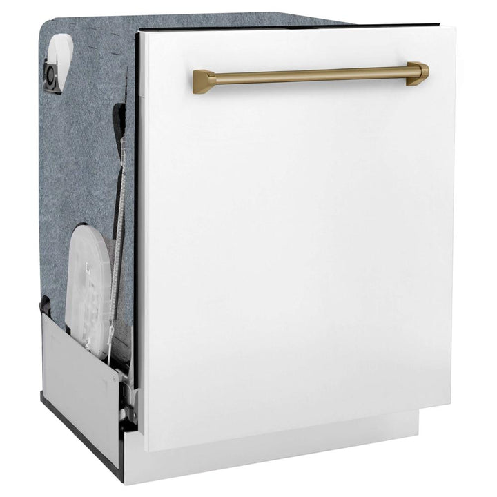 ZLINE Autograph Edition 30 in. Kitchen Package with Stainless Steel Dual Fuel Range with White Matte Door, Range Hood and Dishwasher with Champagne Bronze Accents (3AKP-RAWMRHDWM30-CB)
