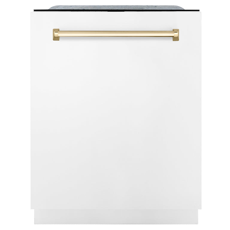 ZLINE Autograph Package - 30 In. Dual Fuel Range, Range Hood, Dishwasher in White Matte with Gold Accents, 3AKP-RAWMRHDWM30-G