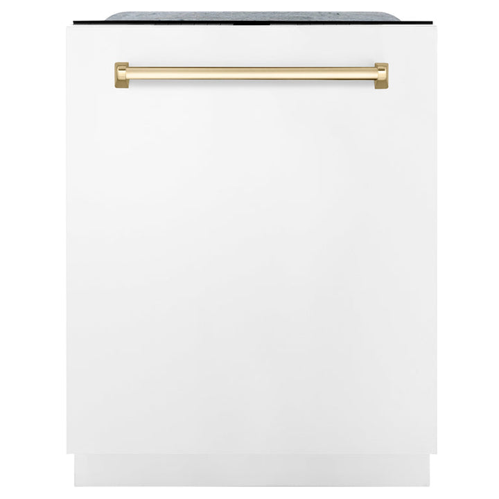 ZLINE Autograph Package - 30 In. Dual Fuel Range, Range Hood, Dishwasher in White Matte with Gold Accents, 3AKP-RAWMRHDWM30-G