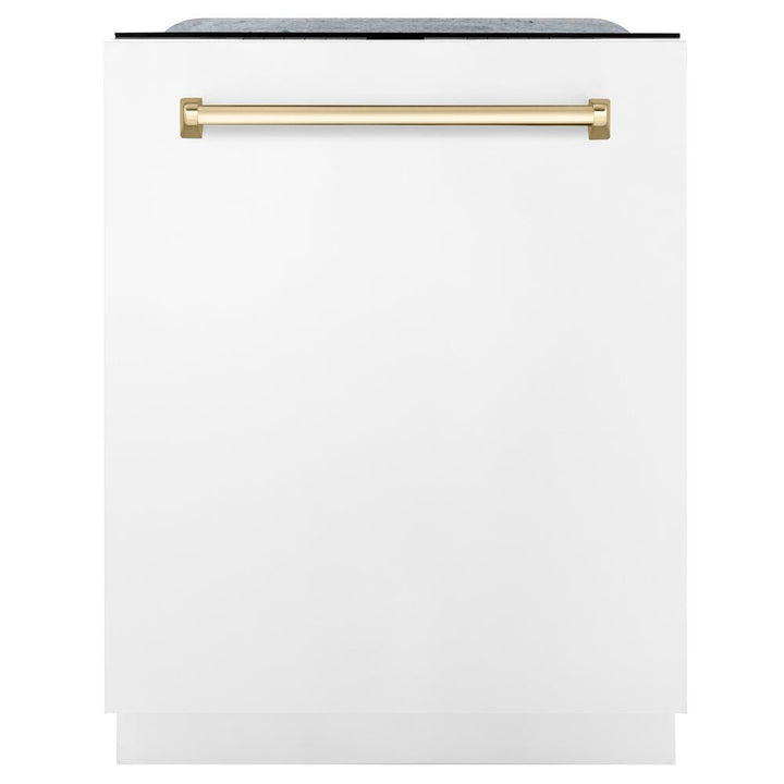 ZLINE Autograph Edition 24 in. Monument Series 3rd Rack Top Touch Control Tall Tub Dishwasher in White Matte with Polished Gold Accent Handle, 45dBa (DWMTZ-WM-24-G)