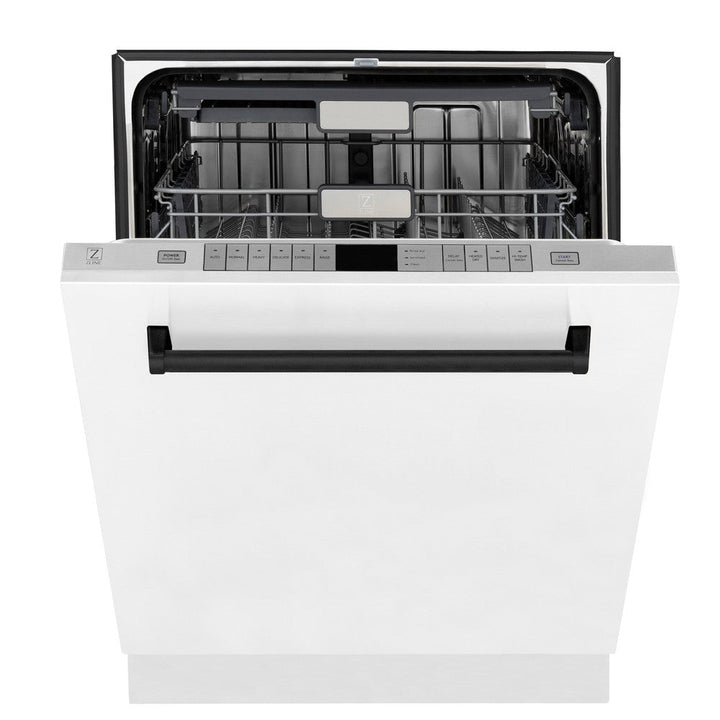 ZLINE Autograph Edition 48 in. Kitchen Package with Stainless Steel Dual Fuel Range with White Matte Door, Range Hood and Dishwasher with Matte Black Accents (3AKP-RAWMRHDWM48-MB)