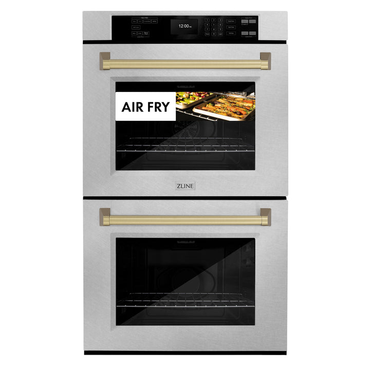 ZLINE 30" Autograph Double Wall Oven with Air Fry and Self-Clean in DuraSnow® Stainless Steel and Champagne Bronze Handle, WADSZ-30-CB