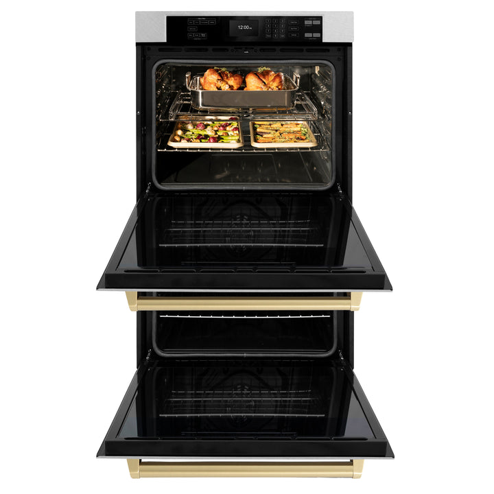 ZLINE 30" Autograph Double Wall Oven with Air Fry and Self-Clean in DuraSnow® Stainless Steel and Champagne Bronze Handle, WADSZ-30-CB