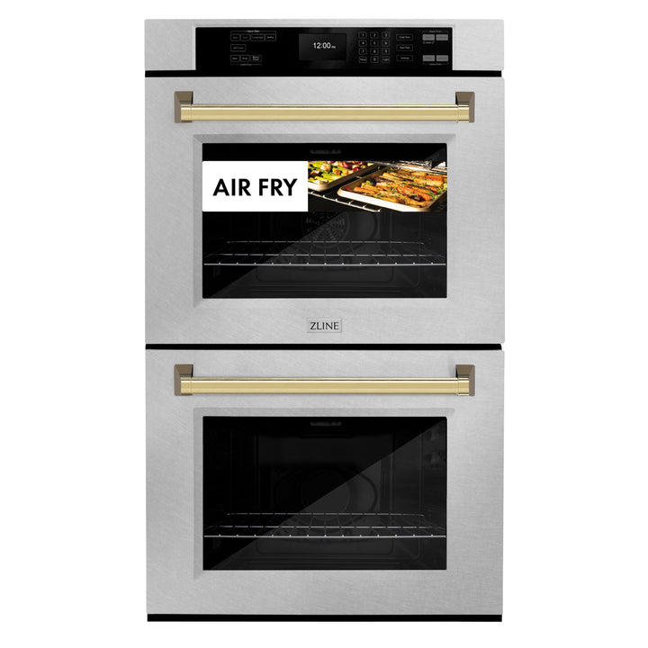 ZLINE 30" Autograph Double Wall Oven with Air Fry and Self-Clean in DuraSnow® Stainless Steel and Gold Handle, WADSZ-30-G